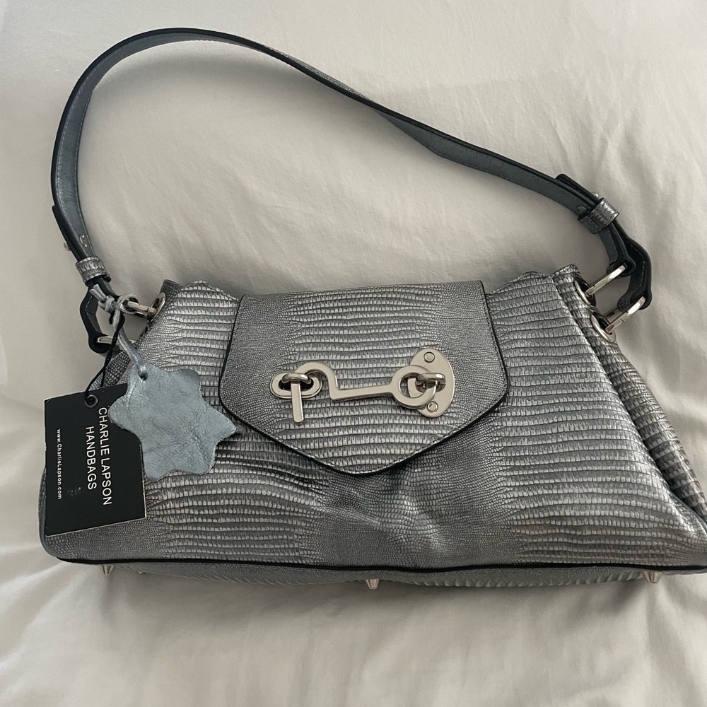 Charlie Lapson Silver Reptile Print Shoulder Bag Purse NWT
